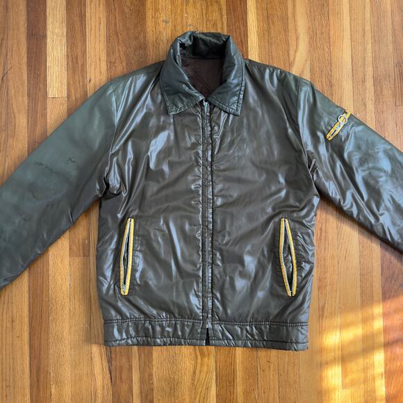 VINTAGE 1930S OLIVE GREEN QUILTED BROWN BOMBER PUFFER JACKET SZ M - Picture 1 of 6